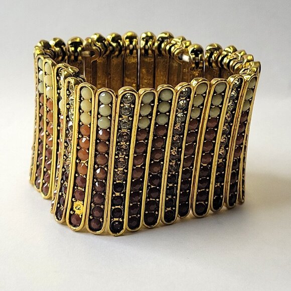 Gold Tone and Brown Wide Cuff Embellished Stretchy Bracelet - Picture 1 of 12